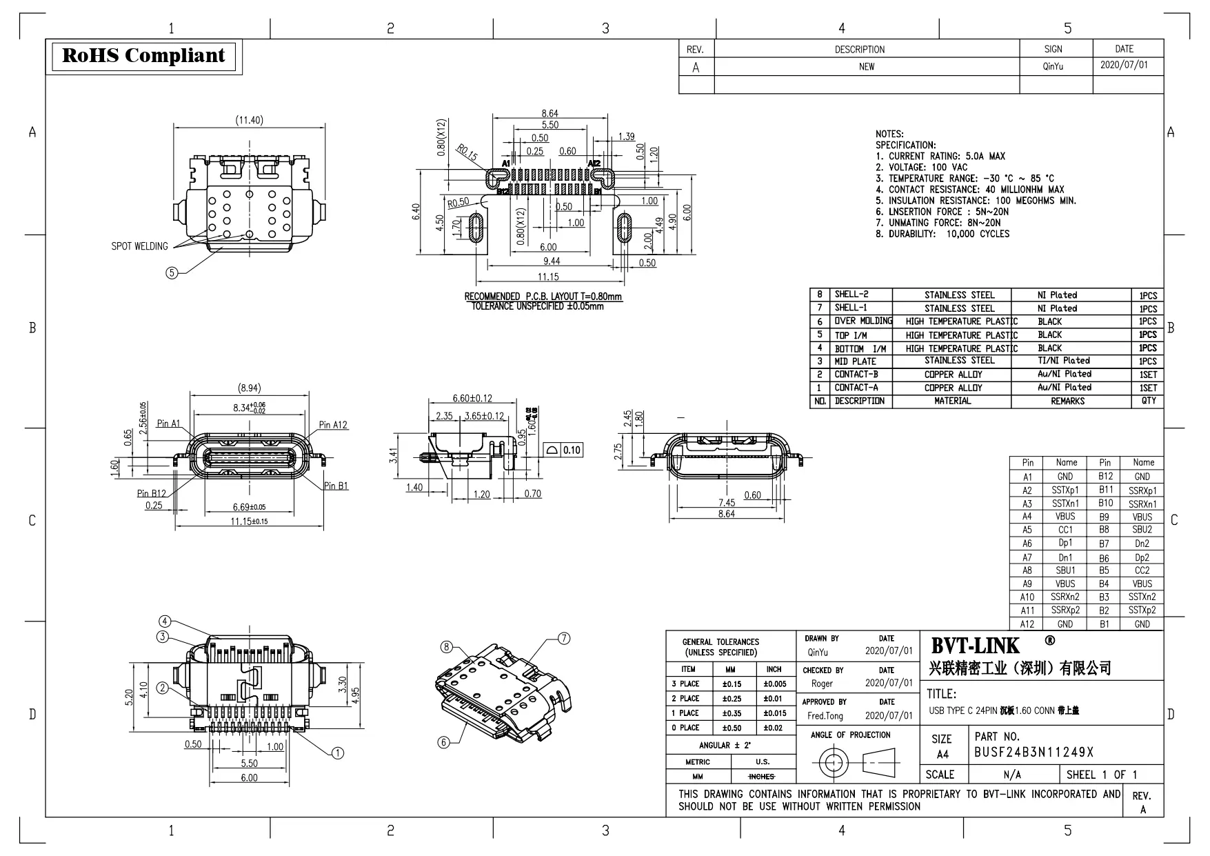 14.BUSF24B3N11249X-USB TYPE C 24P 母座  沉板SMT H=1.60mm 带上盖_page-0001