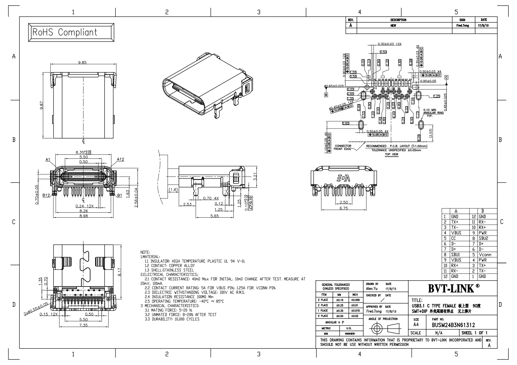 24.BUSM24B3N61312-USB TYPE C 24P 母座 板上型前插后贴  外壳尾部有焊点  无上弹片_page-0001