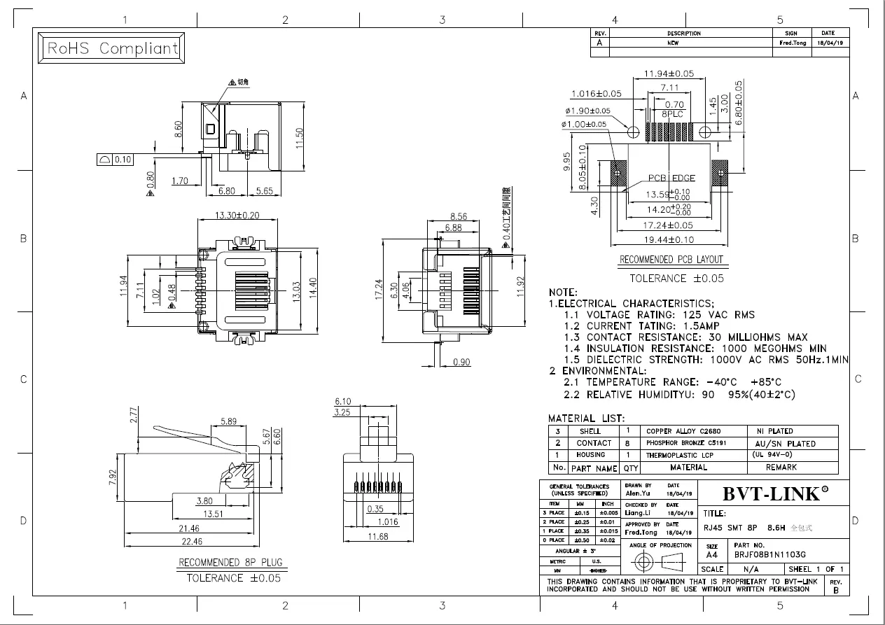 BRJF08B1N1103G-RJ45 沉板式SMT H=8.60mm