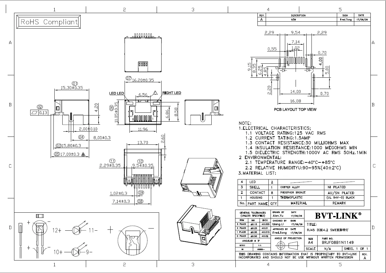 6.BRJF08B1N1149-RJ45 沉板式SMT H=4.2mm  带灯