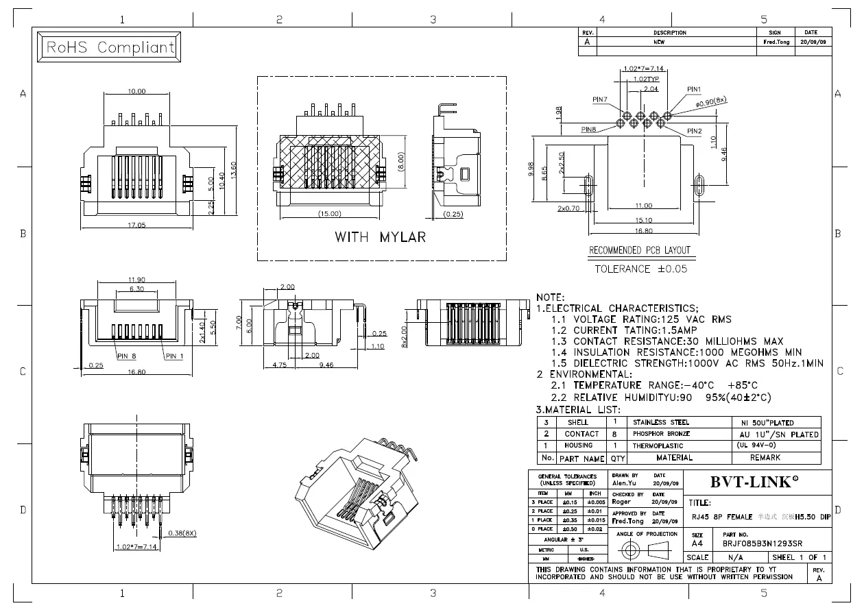 9.BRJF085B3N1293SR-RJ45 半边沉板式DIP H=5.50mm
