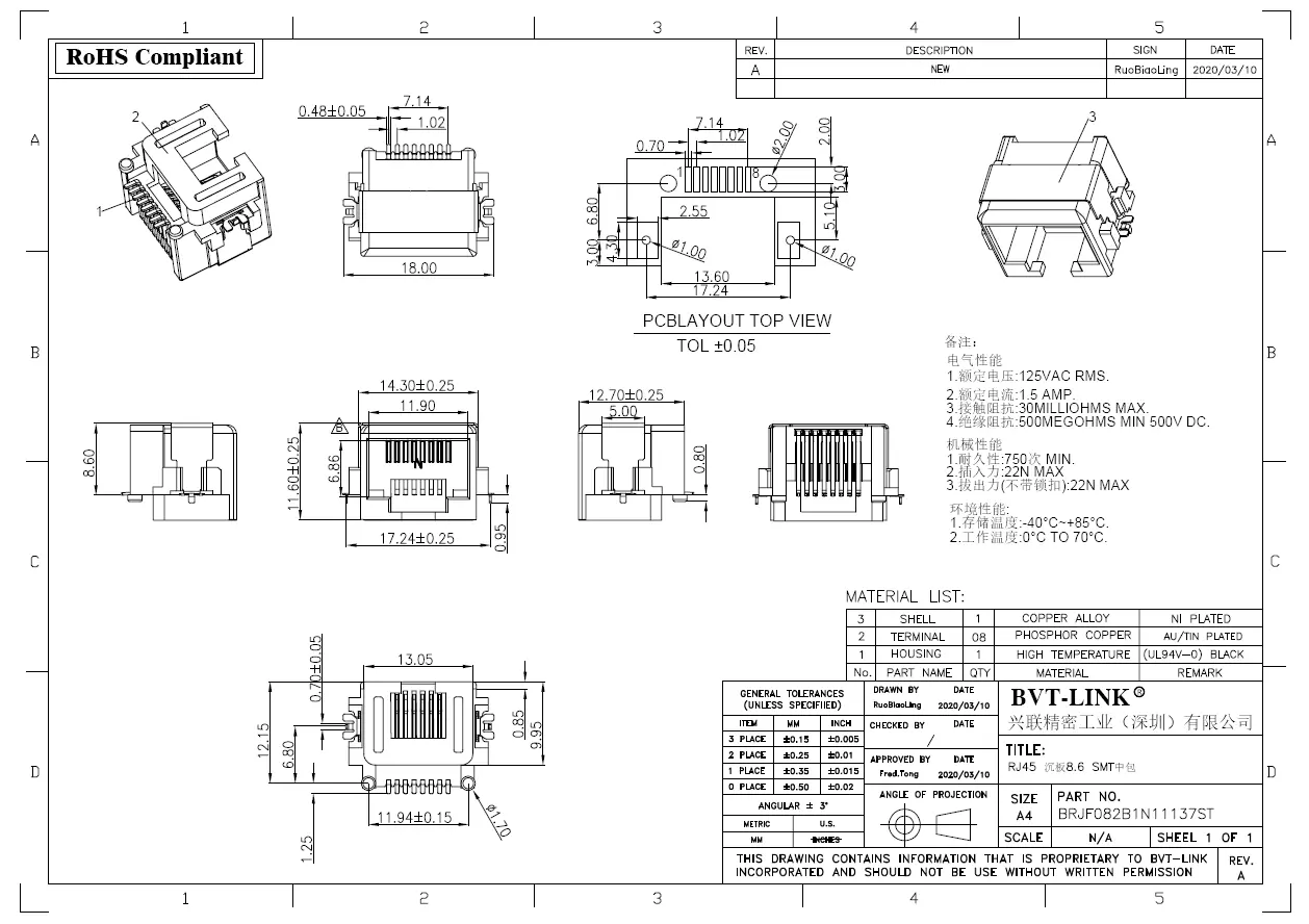 10.BRJF082B1N11137ST-RJ45 沉板式SMT H=8.60mm 中包