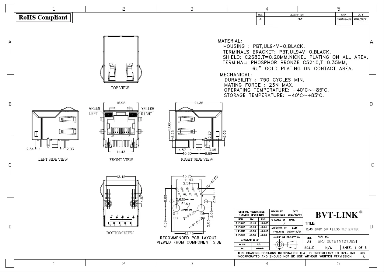 13.BRJF081B1N12108ST RJ45 板上型DIP L=21.35mm 长体 带灯
