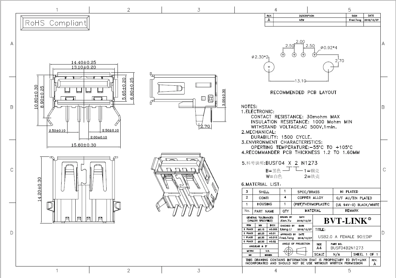 3.BUSF04B2N1273-USB2.0 AF 板上型DIP 带卷边弯脚 普通款