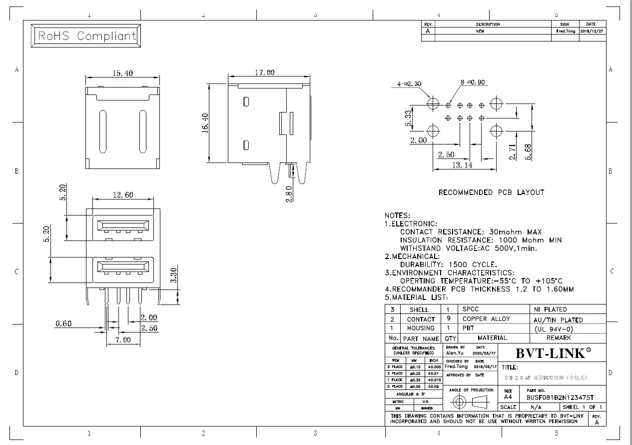 6.BUSF081B2N12347ST-双层USB2.0 AF 板上型DIP 全包式直脚