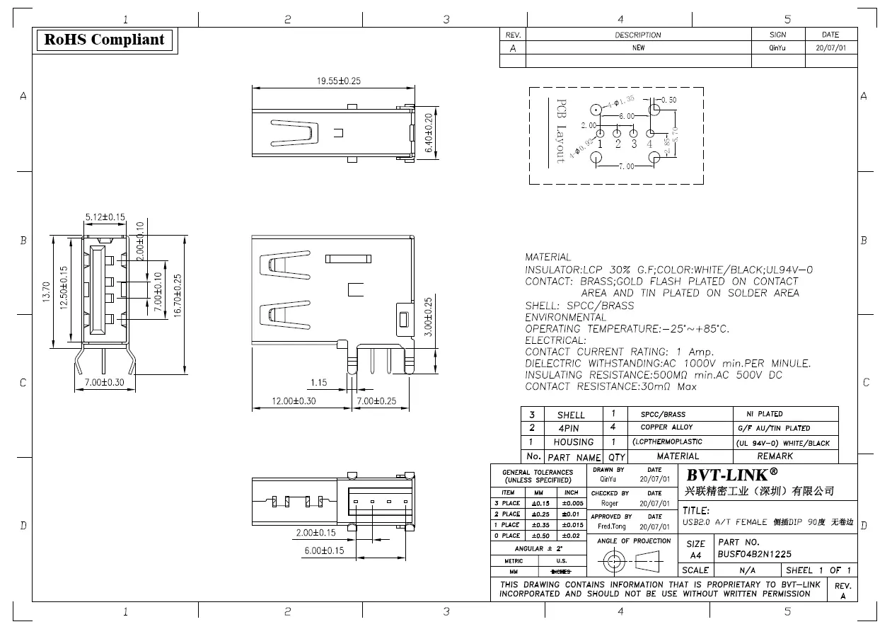 7.BUSF04B2N1225-USB2.0 AF 侧插 DIP 无卷边弯脚