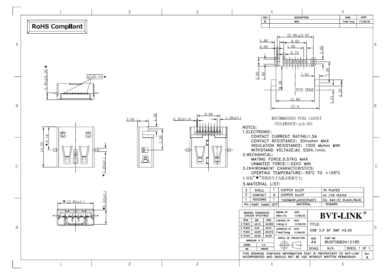 7.BUSF09L1N12185-USB 3.0 AF  沉板式SMT H=2.45mm 无卷边