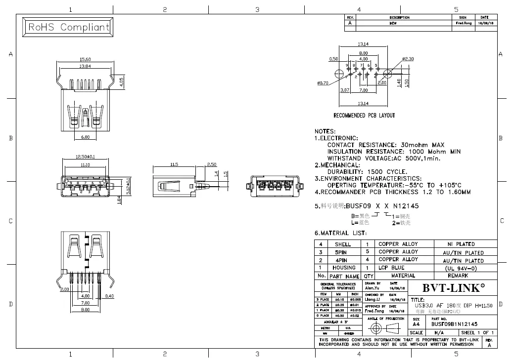 29.BUSF09L1N12145-USB3.0 AF  立式DIP  H=11.50mm  无卷边 蓝胶芯