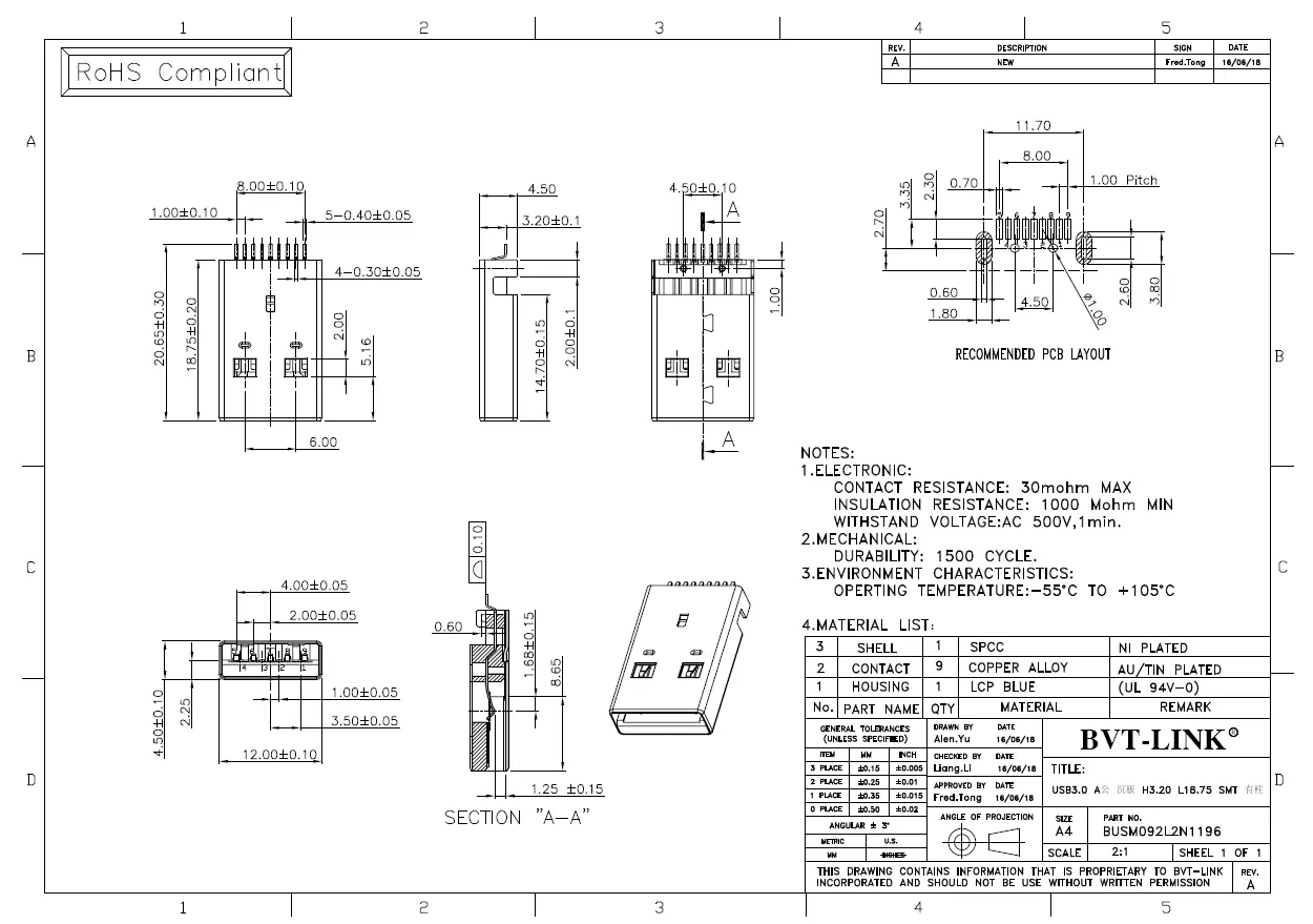 37.BUSM092L2N1196-USB3.0 AM  沉板式SMT  H=3.20mm