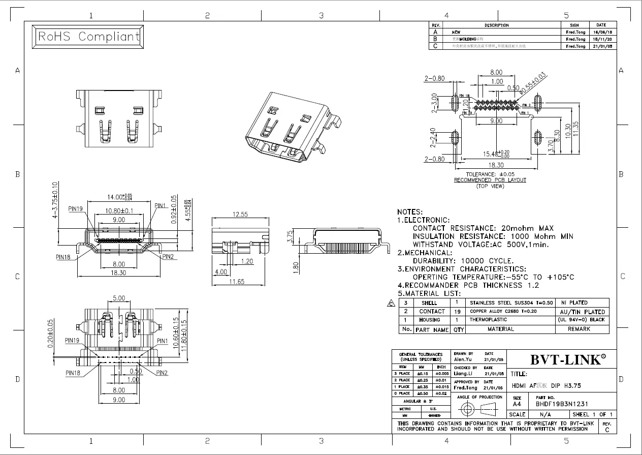 5.BHDF19B3N1231-HDMI AF 正向沉板 DIP H=3.75mm