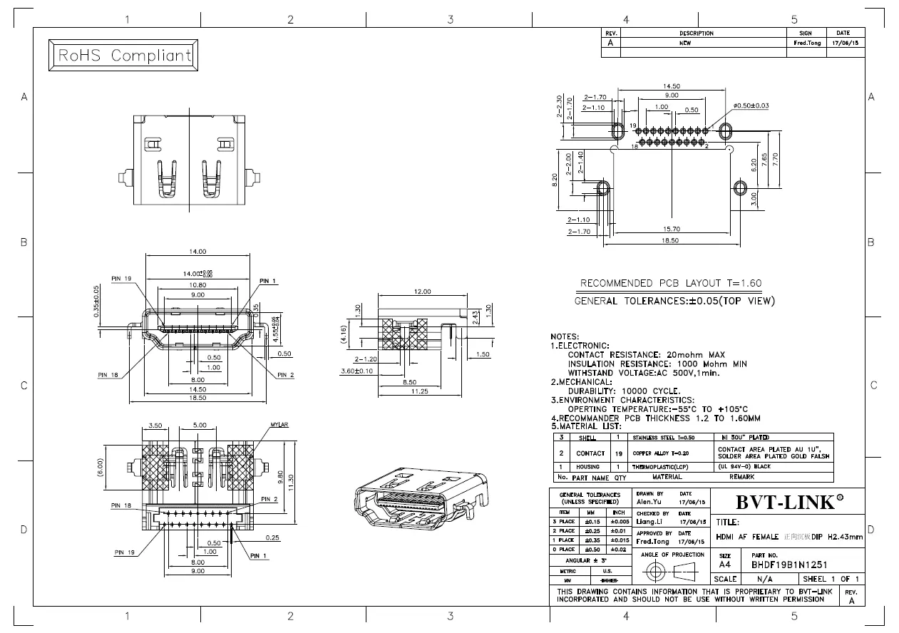 7.BHDF19B1N1251-HDMI AF 正向沉板 DIP H=2.43mm