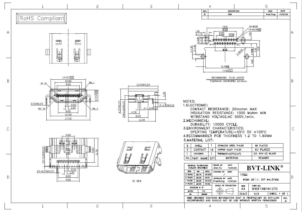 8.BHDF19B1N1270-HDMI AF 正向沉板 DIP H=4.37mm