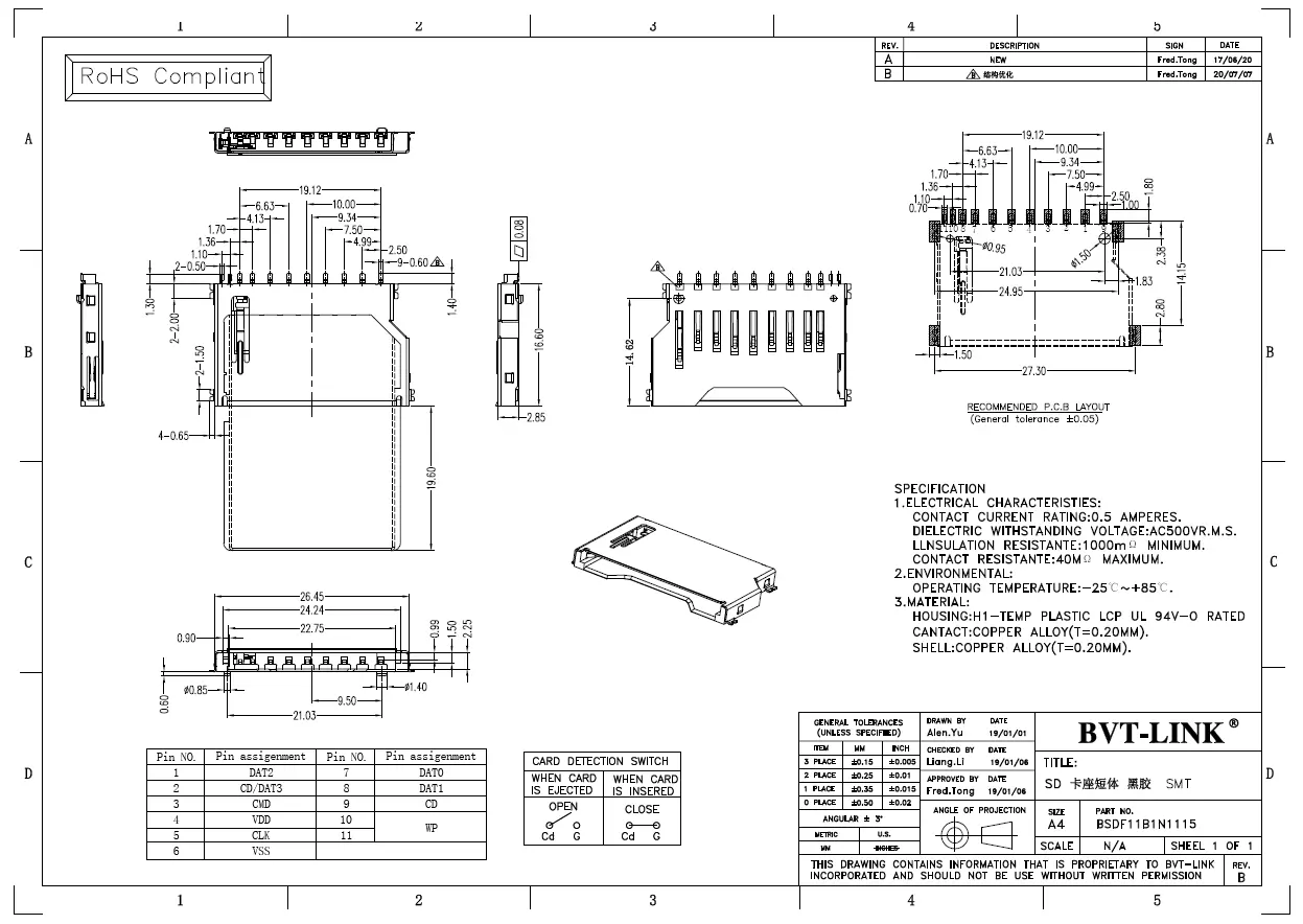 1.BSDF11B1N1115-SD 卡座短体 SMT PUSH 黑胶