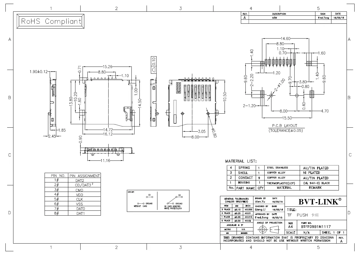 6.BTFF09B1N1117-TF 卡座SMT PUSH H=1.90mm L=14.50mm