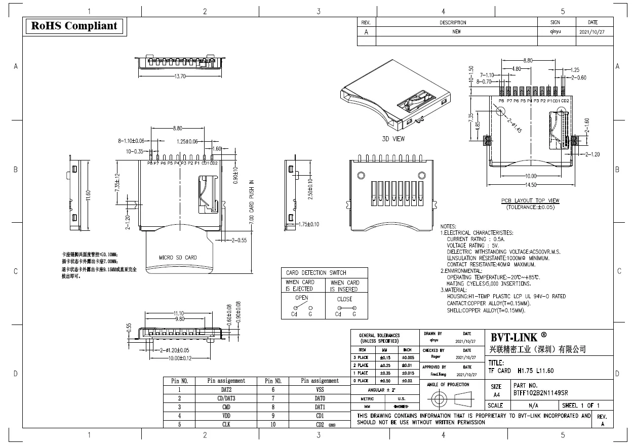 8.BTFF102B2N1149SR-TF 卡座 SMT  H=1.75mm  L=11.60mm