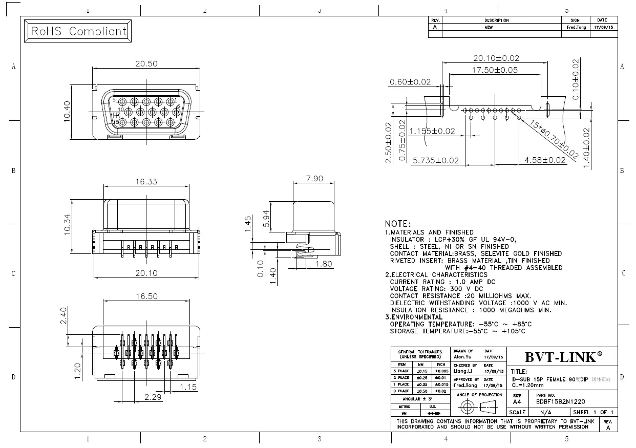 3.BDBF15B2N1220-D-SUB15P 母座  正向DIP CL=1.20mm