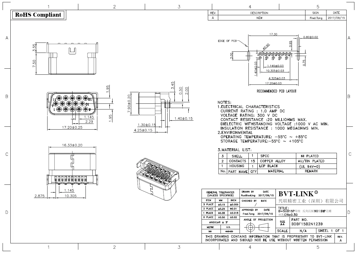 4.BDBF15B2N1239-SLIM D-SUB15P 母座 反向DIP  CL=0.50mm